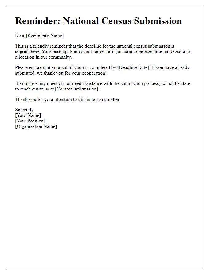 Letter template of reminder for national census submission