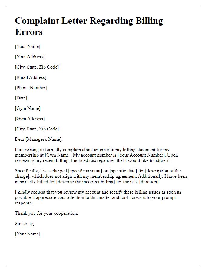 Letter template of complaint about gym billing errors