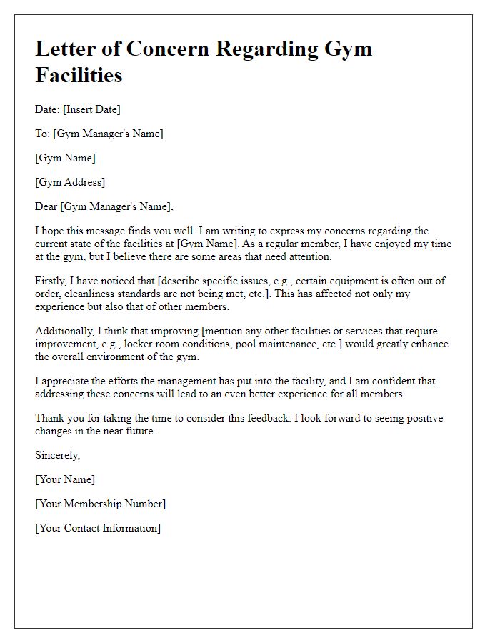 Letter template of concerns about gym facilities