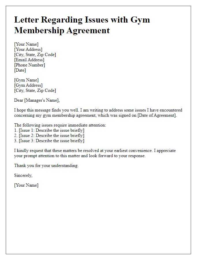 Letter template of issues with gym membership agreement