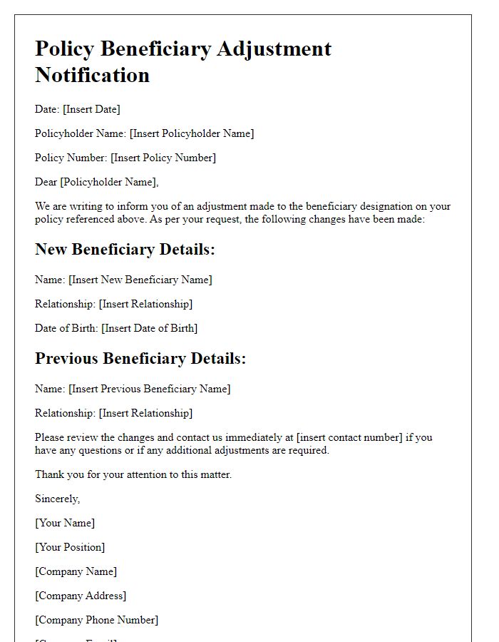 Letter template of policy beneficiary adjustment notification