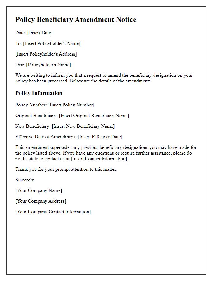 Letter template of policy beneficiary amendment notice