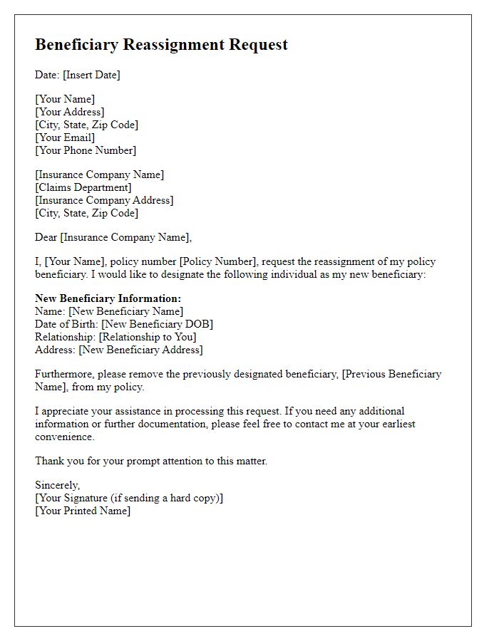 Letter template of policy beneficiary reassignment