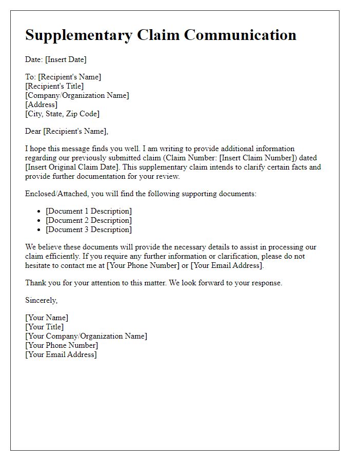 Letter template of communication for supplementary claim facts