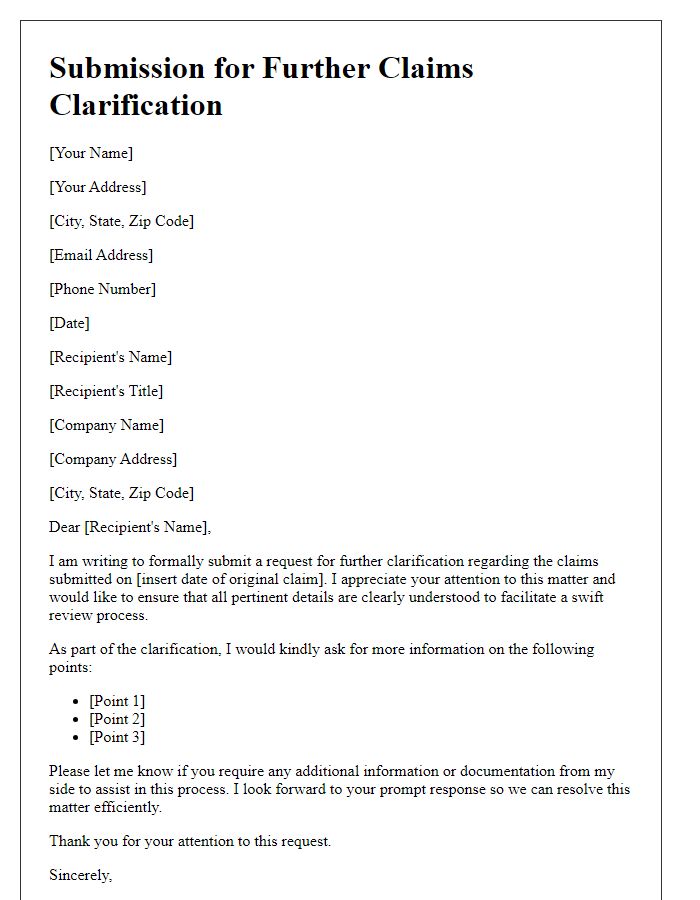 Letter template of submission for further claims clarification