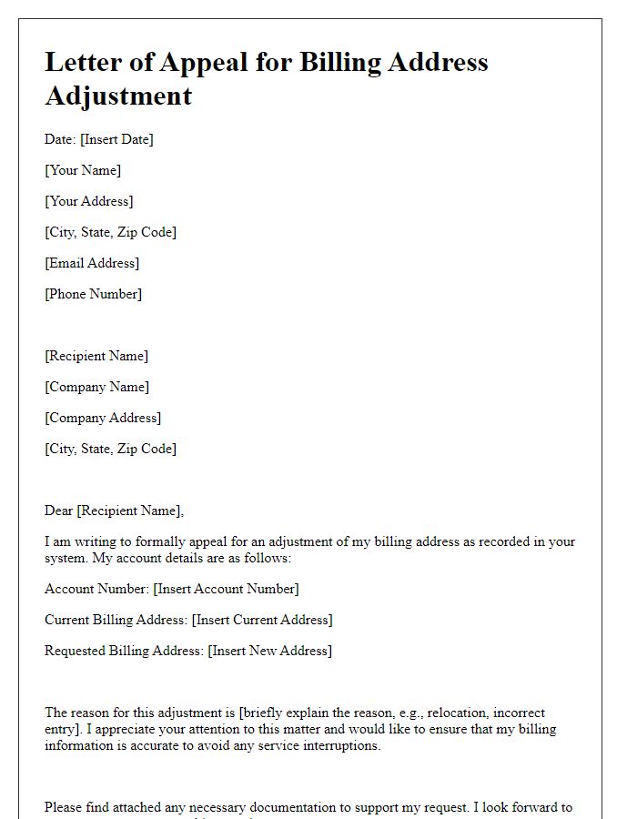 Letter template of appeal for billing address adjustment