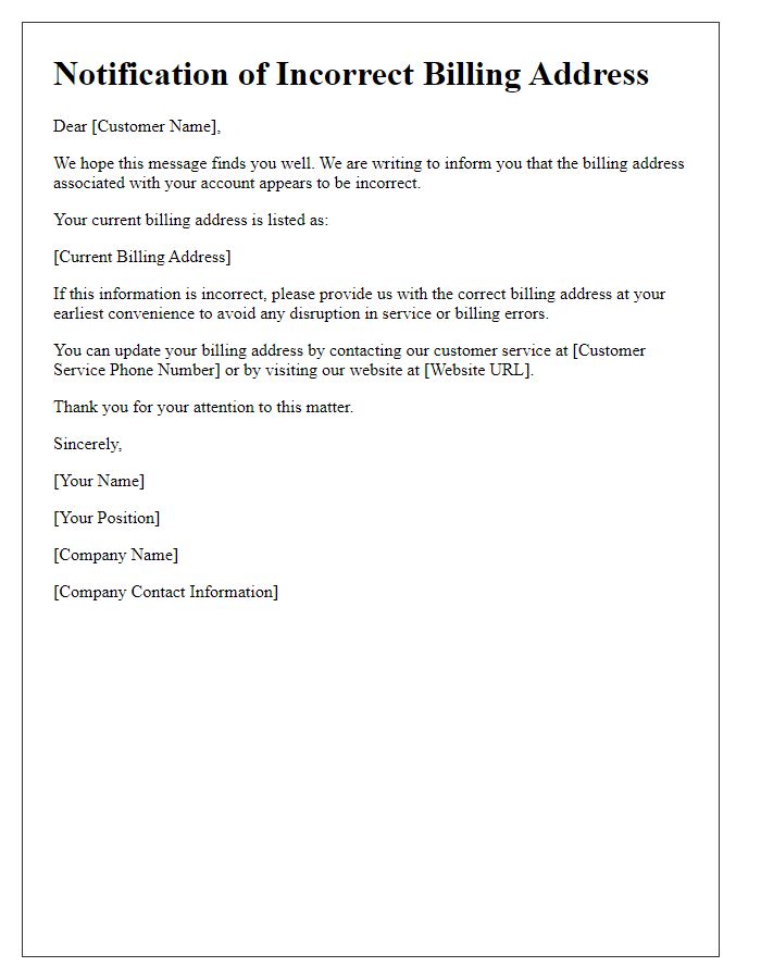 Letter template of notification for incorrect billing address