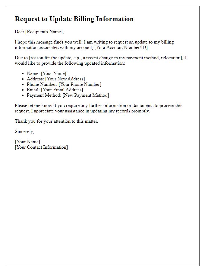 Letter template of request to update billing information