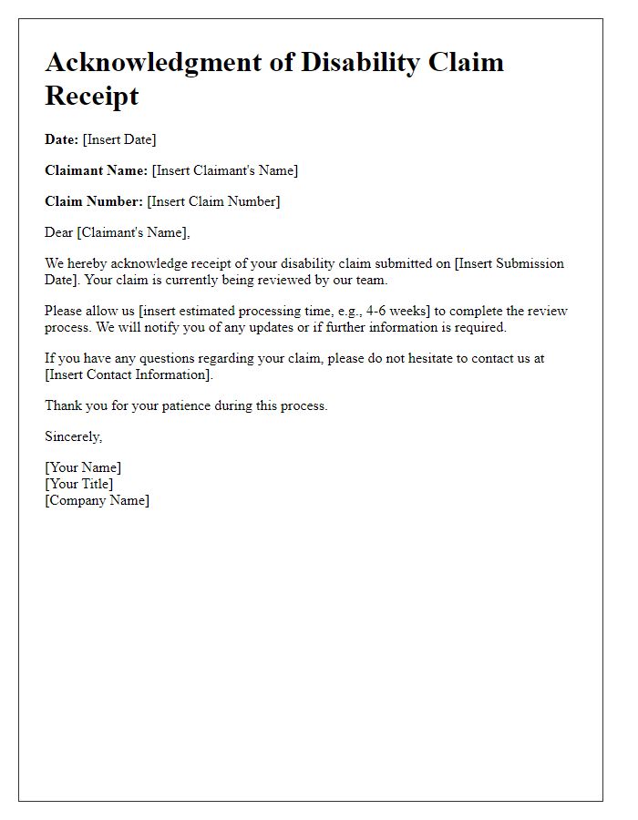 Letter template of acknowledgment of disability claim receipt