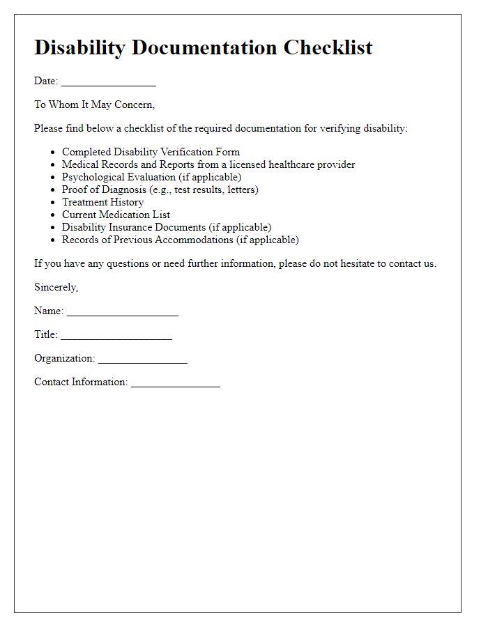 Letter template of disability documentation checklist