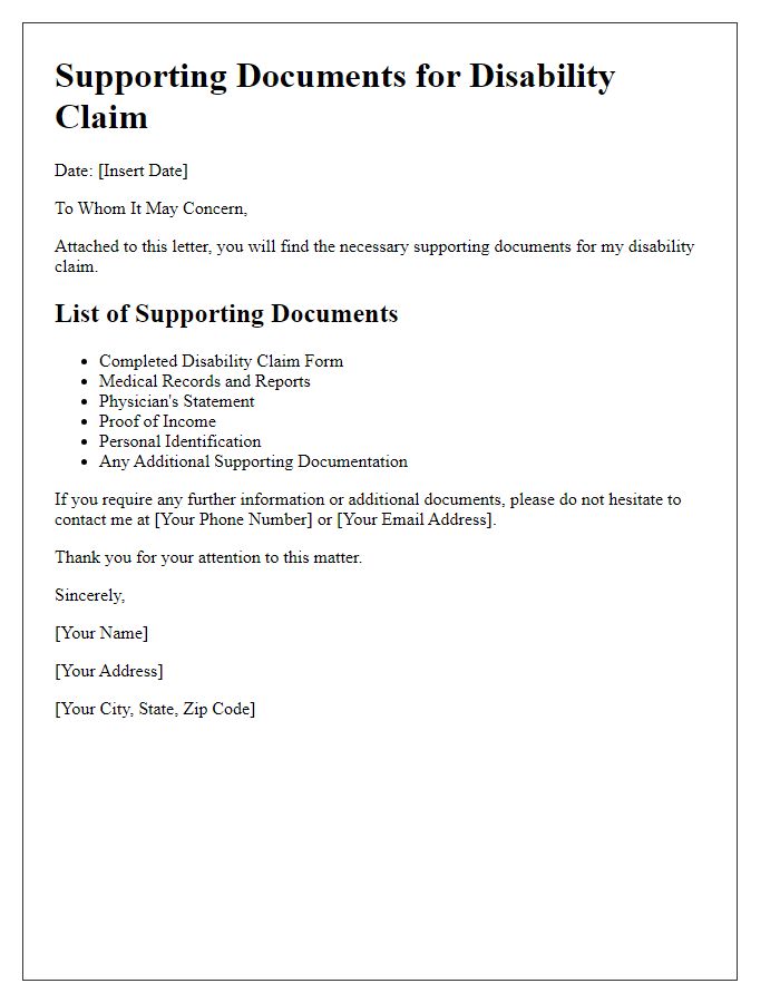 Letter template of supporting documents for disability claim