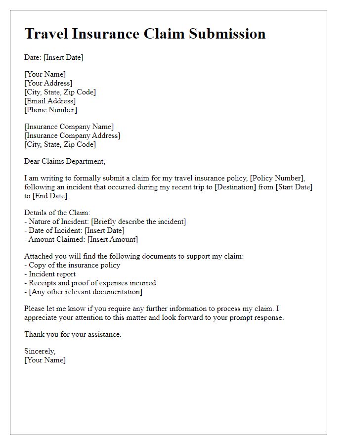 Letter template of travel insurance claim submission