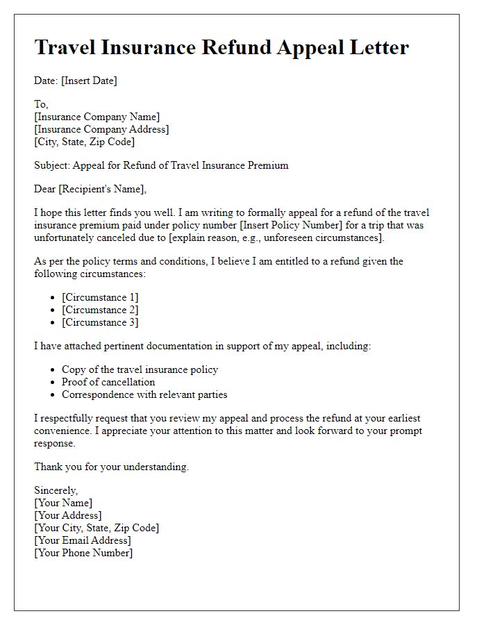 Letter template of travel insurance refund appeal