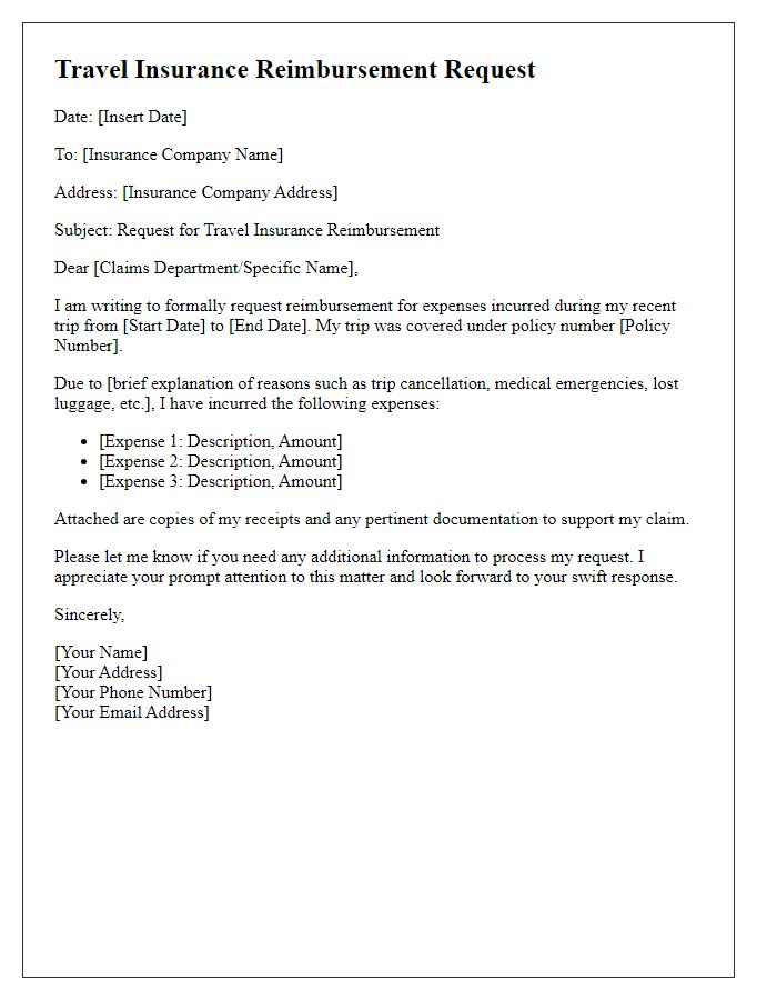 Letter template of travel insurance reimbursement documentation