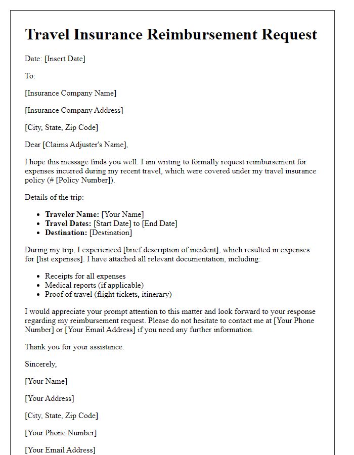 Letter template of travel insurance reimbursement request