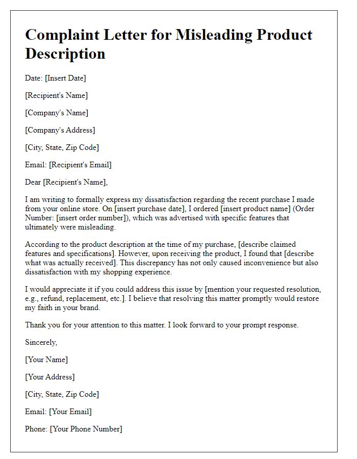 Letter template of complaint for misleading product description in online shopping.