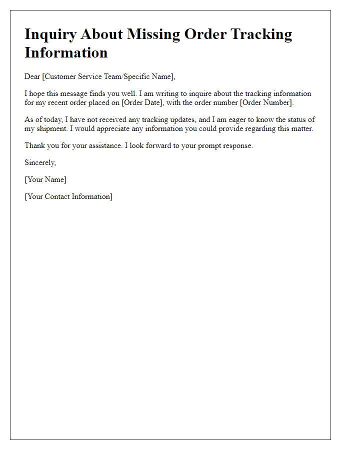 Letter template of inquiry about missing online order tracking information.