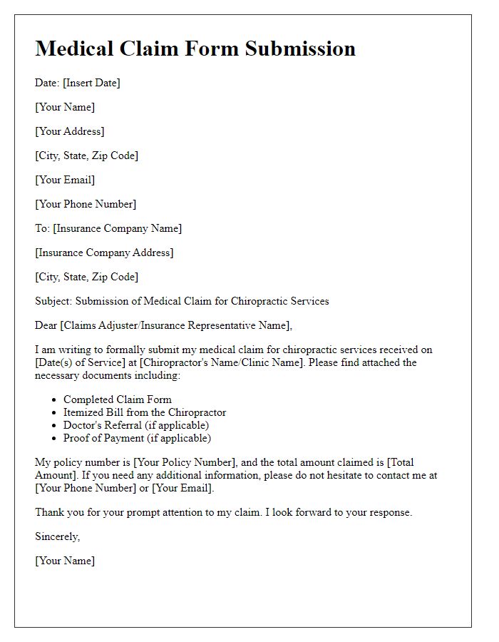 Letter template of medical claim form submission for chiropractic services.