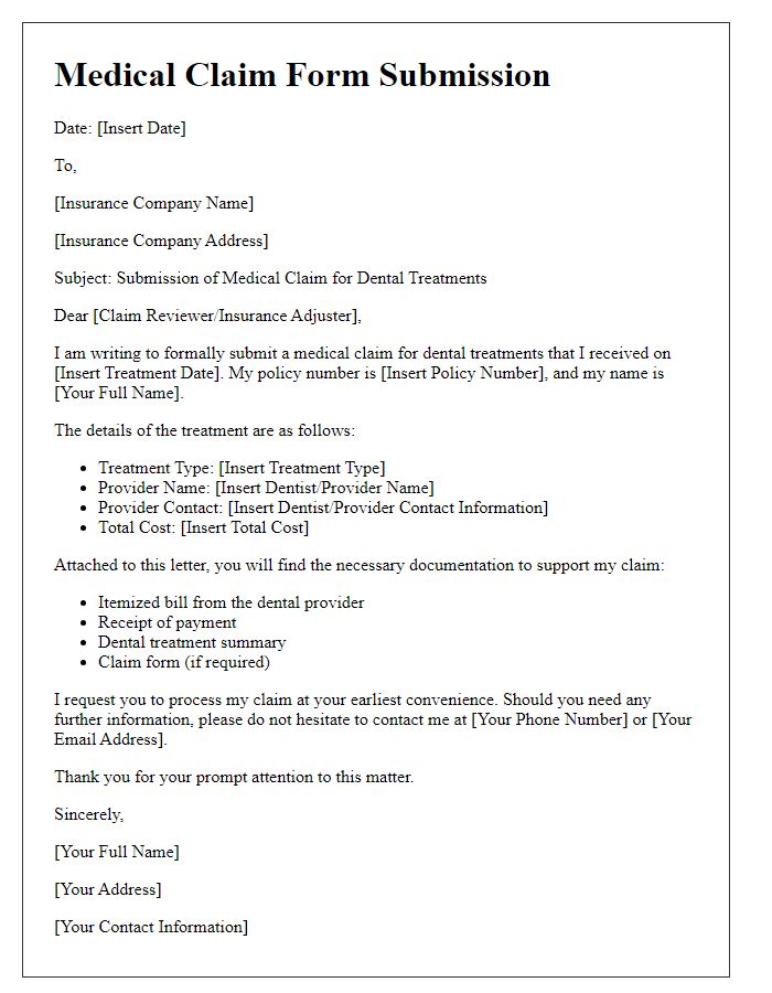 Letter template of medical claim form submission for dental treatments.