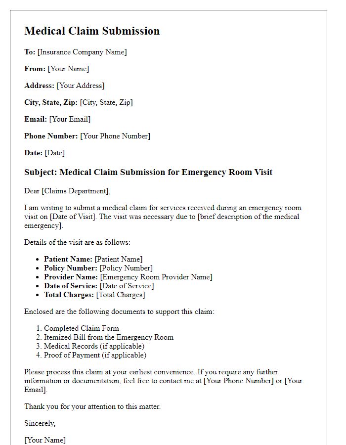 Letter template of medical claim form submission for emergency room visits.