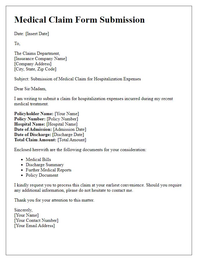 Letter template of medical claim form submission for hospitalization expenses.