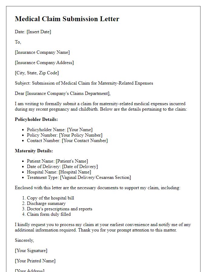 Letter template of medical claim form submission for maternity-related claims.