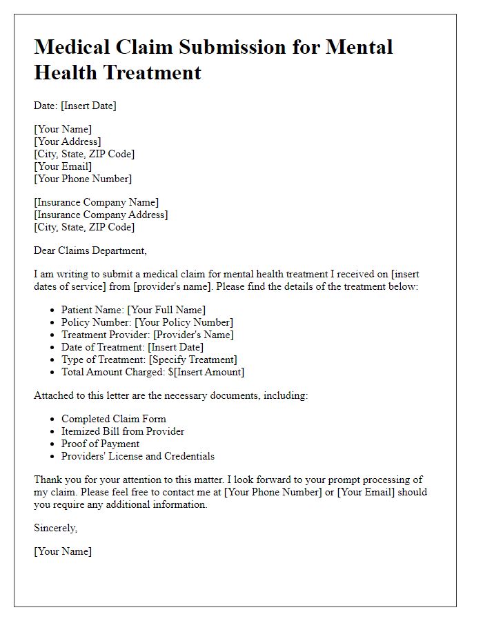 Letter template of medical claim form submission for mental health treatment.