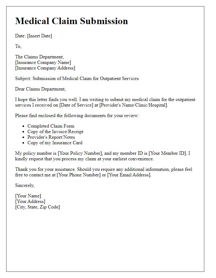 Letter template of medical claim form submission for outpatient services.