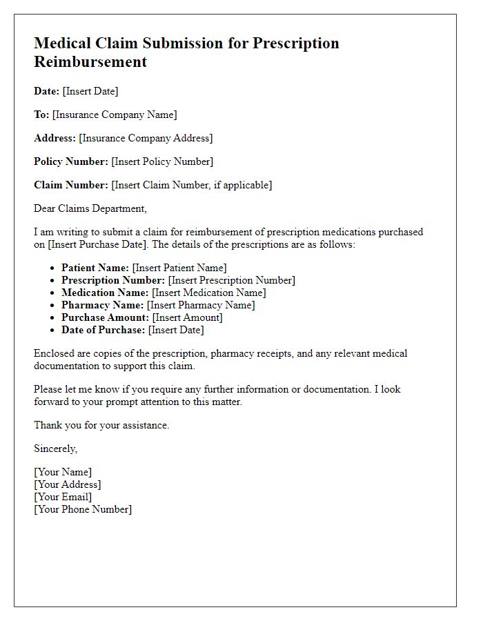 Letter template of medical claim form submission for prescription reimbursements.