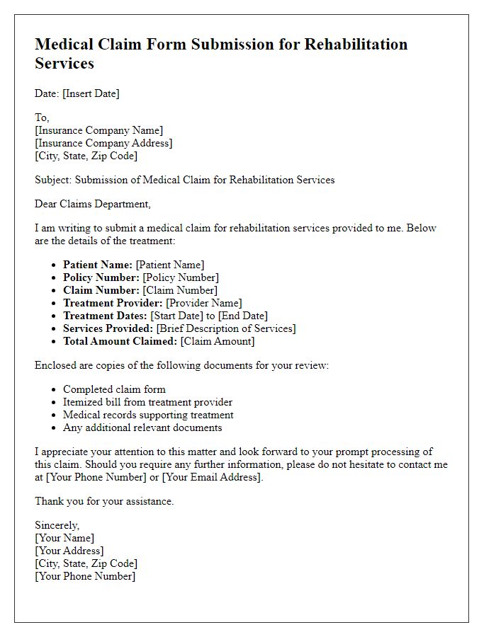 Letter template of medical claim form submission for rehabilitation services.