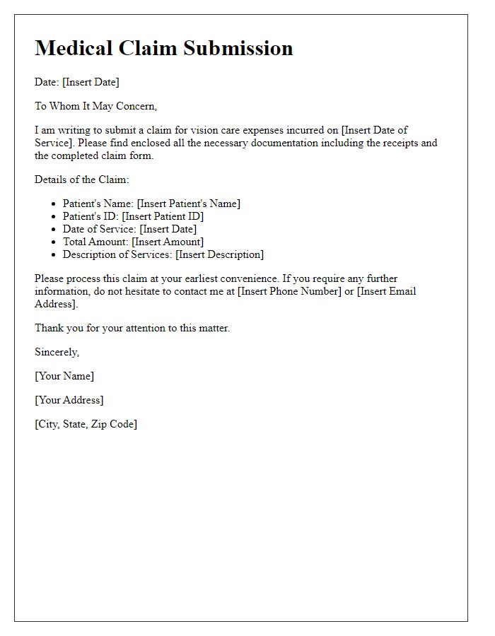 Letter template of medical claim form submission for vision care expenses.