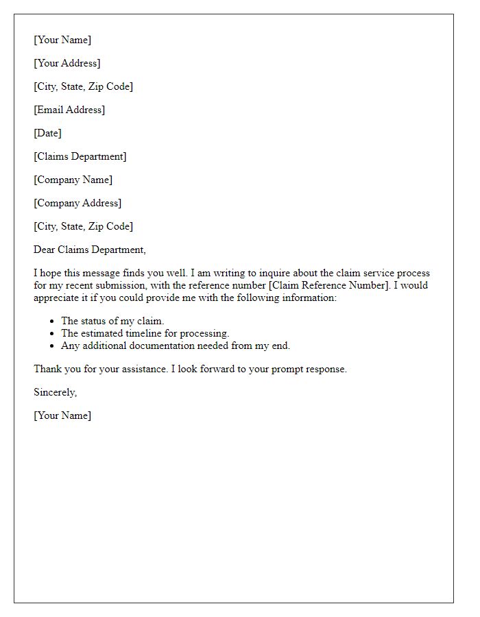 Letter template of inquiry about claim service process.