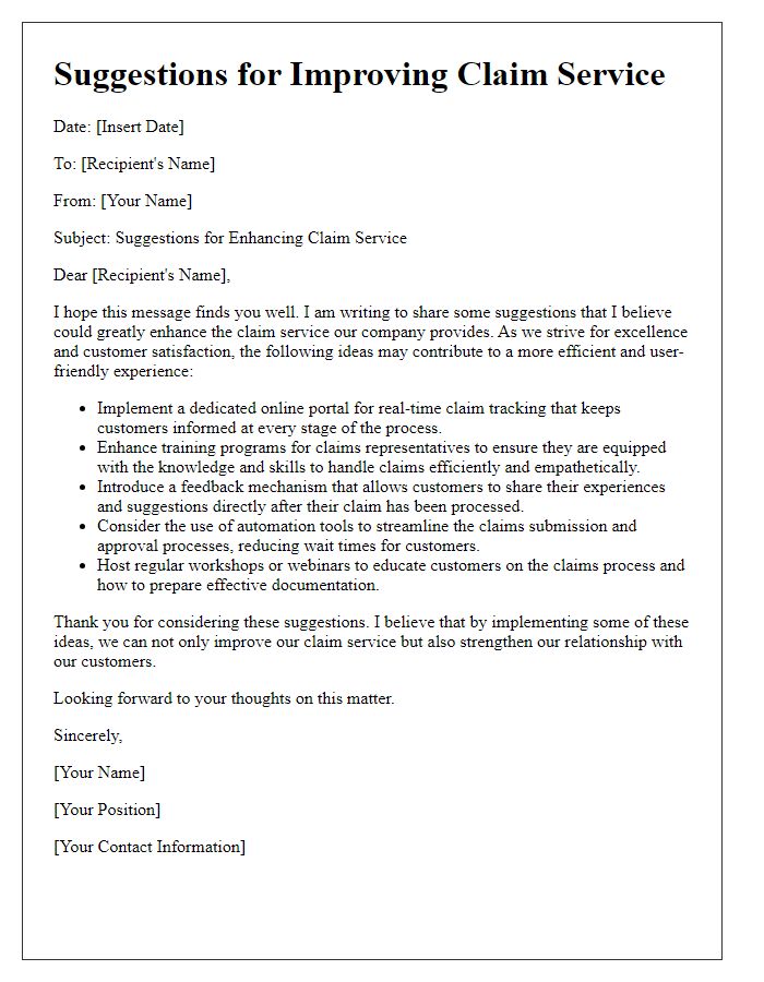 Letter template of suggestions for improving claim service.