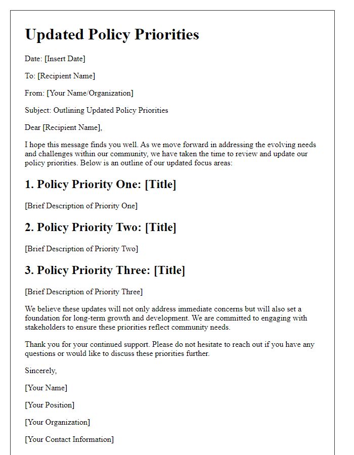 Letter template of outlining updated policy priorities