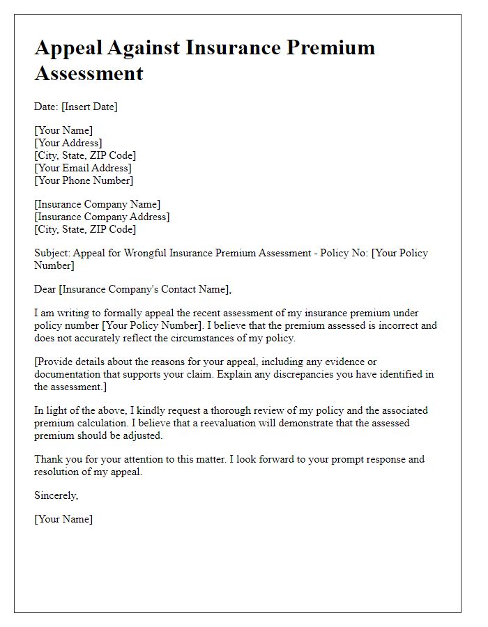 Letter template of appeal for wrongful insurance premium assessment