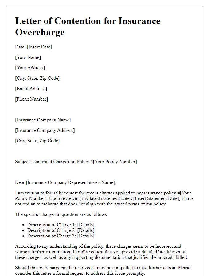 Letter template of contested insurance charges due to overcharge