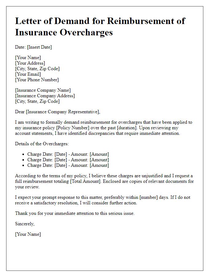 Letter template of demand for reimbursement of insurance overcharges