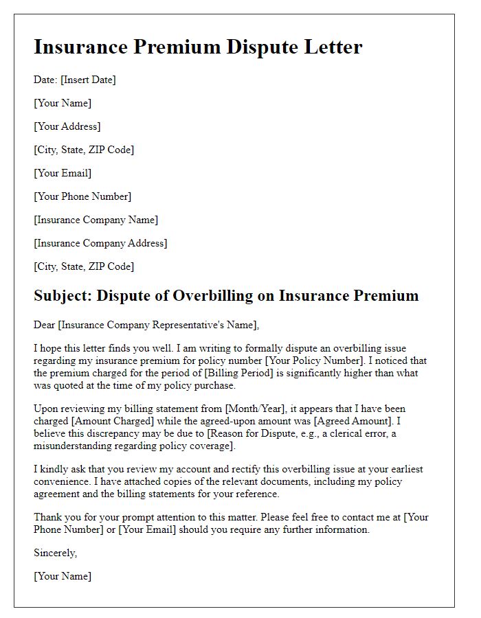 Letter template of insurance premium dispute for overbilling