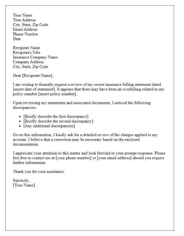 Letter template of request for review of insurance overbilling