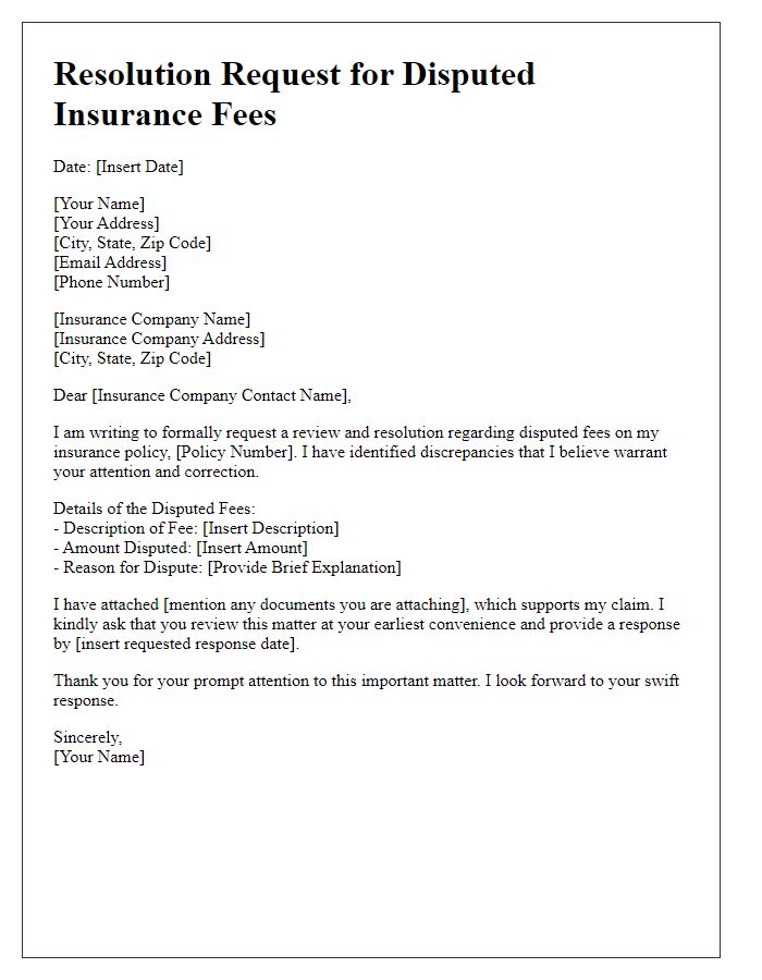 Letter template of resolution request for disputed insurance fees