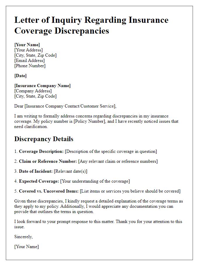 Letter template of outline for insurance coverage discrepancies