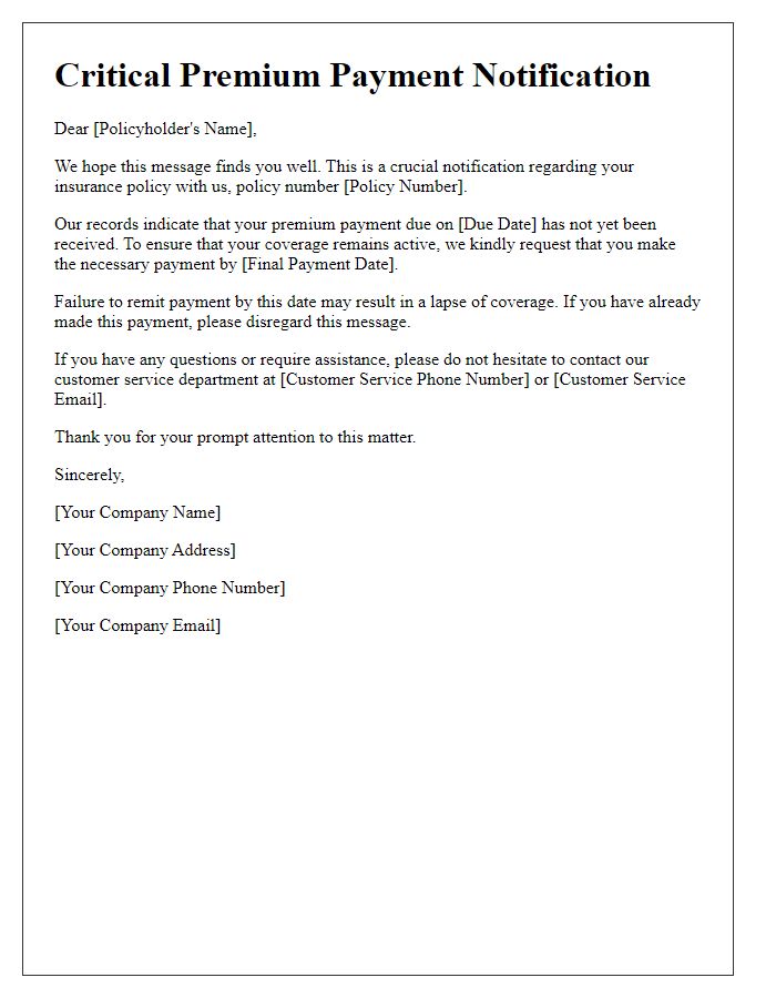 Letter template of critical premium payment notification.