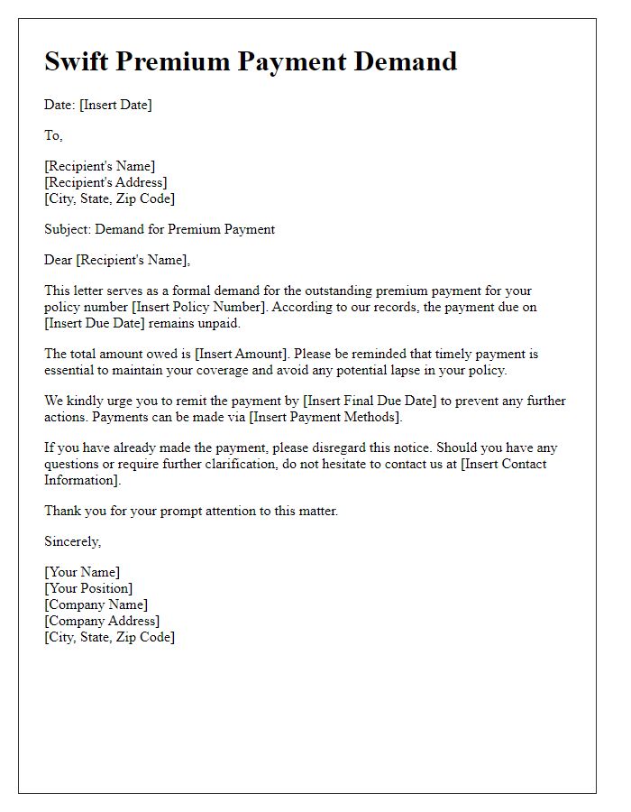 Letter template of swift premium payment demand.