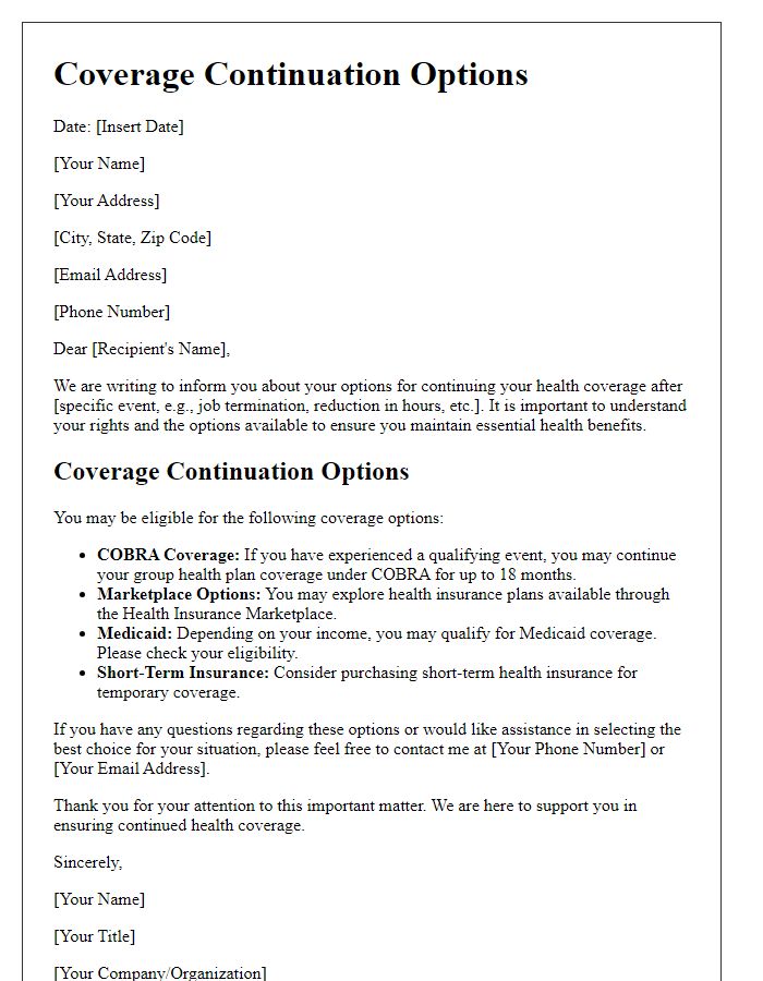 Letter template of coverage continuation options