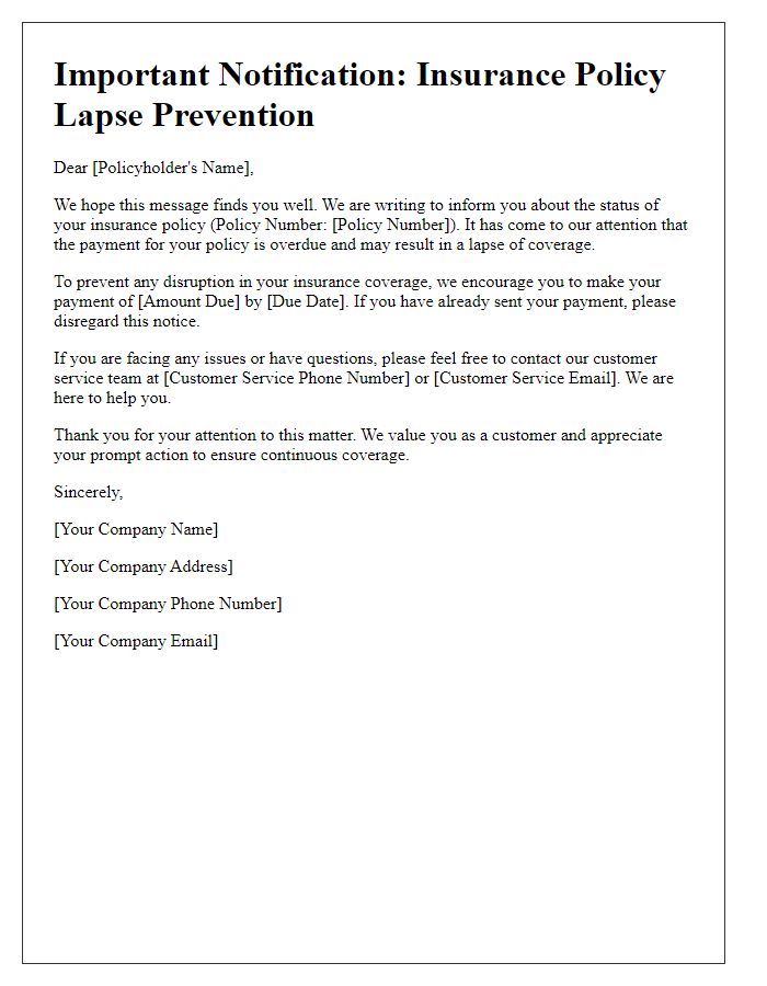 Letter template of insurance policy lapse prevention notification