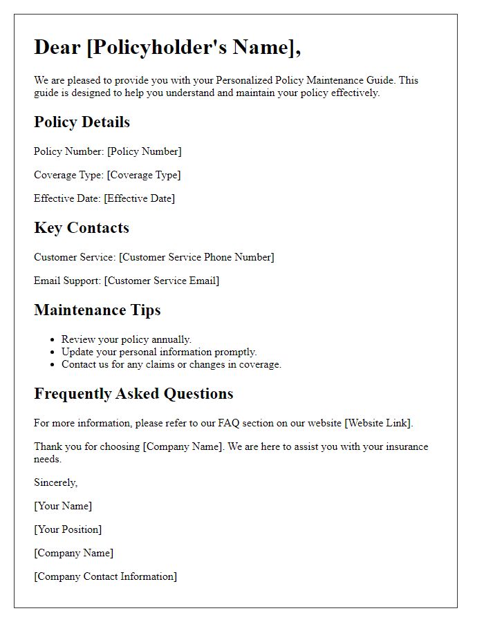 Letter template of personalized policy maintenance guide