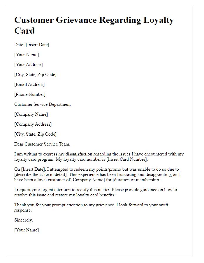 Letter template of loyalty card grievance