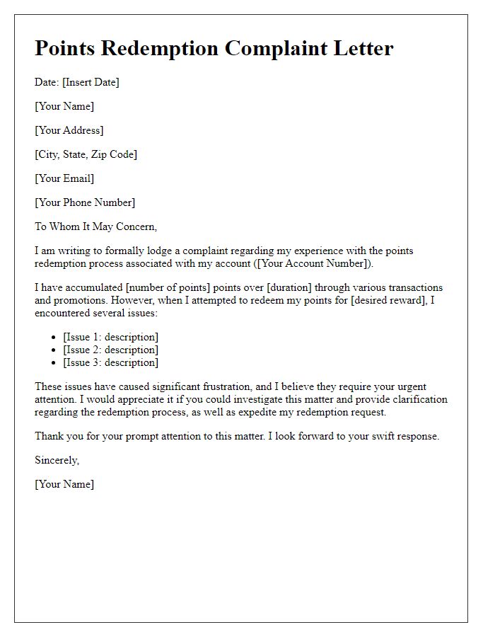 Letter template of points redemption complaint