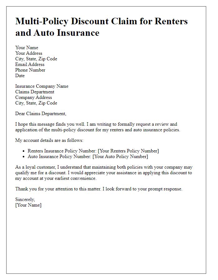 Letter template of multi-policy discount claim for renters and auto insurance.