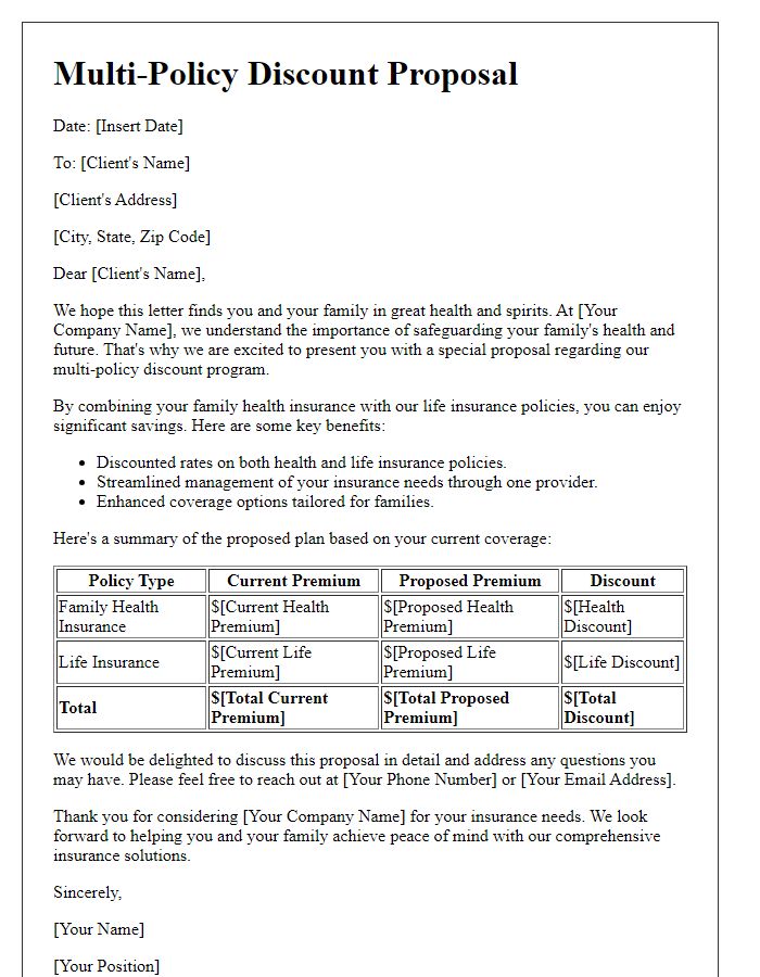 Letter template of multi-policy discount proposal for family health and life insurance.